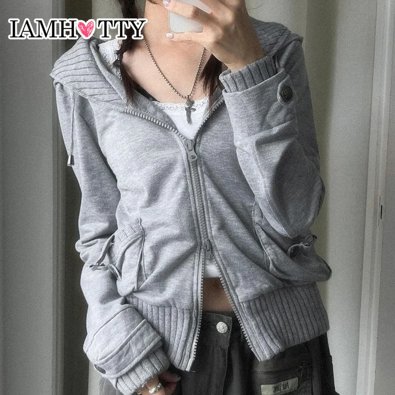 IAMHOTTY Pockets Double Zip-up Hoodie Vintage Loose Fit Hooded Sweatshirts Grey Casual Basic Cargo Cardigan Sportswear Womens