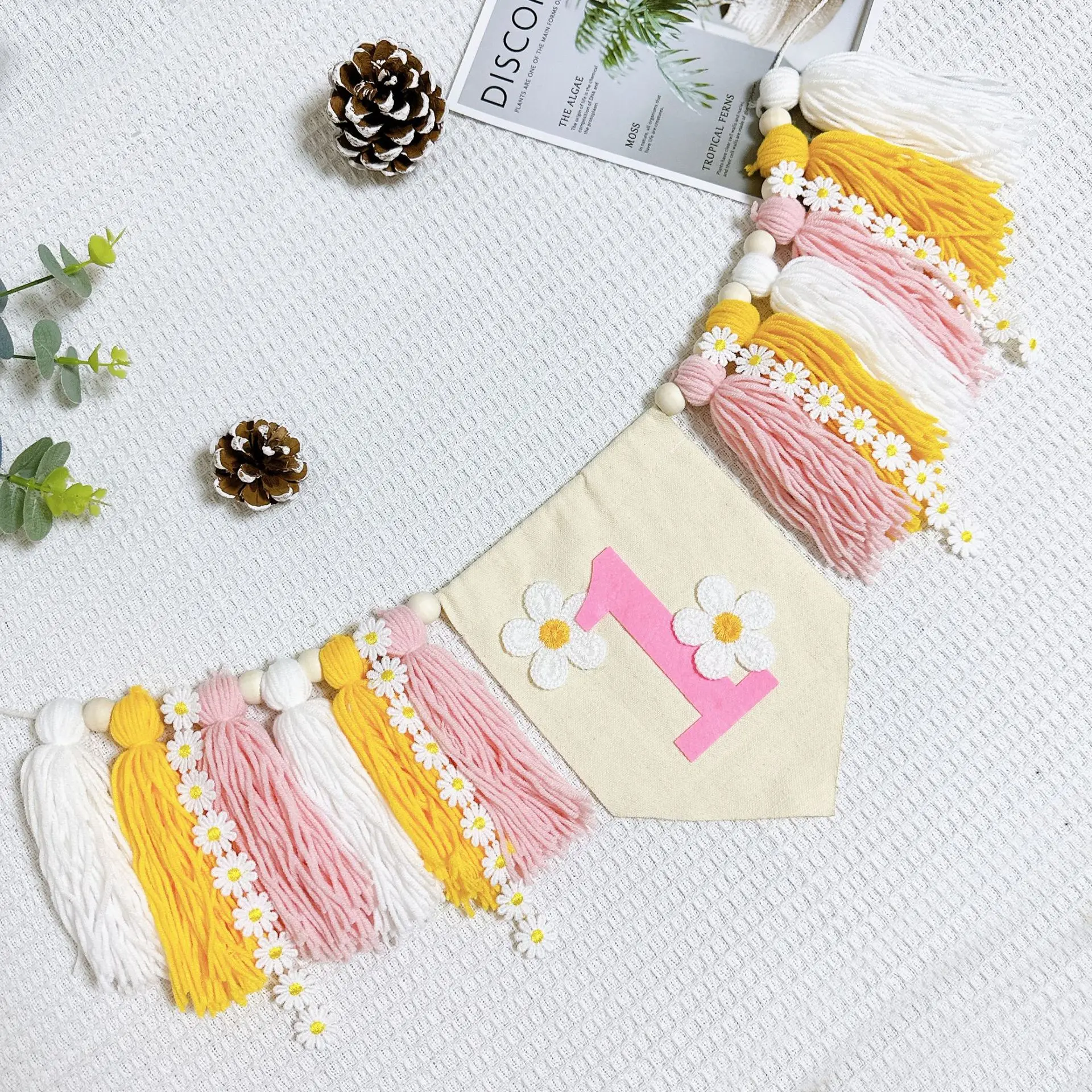 INS First Birthday Pink Daisy Highchair Banner Girl 1ST Party High Chair  White Flower Garland Backdrops Tassel Decoration