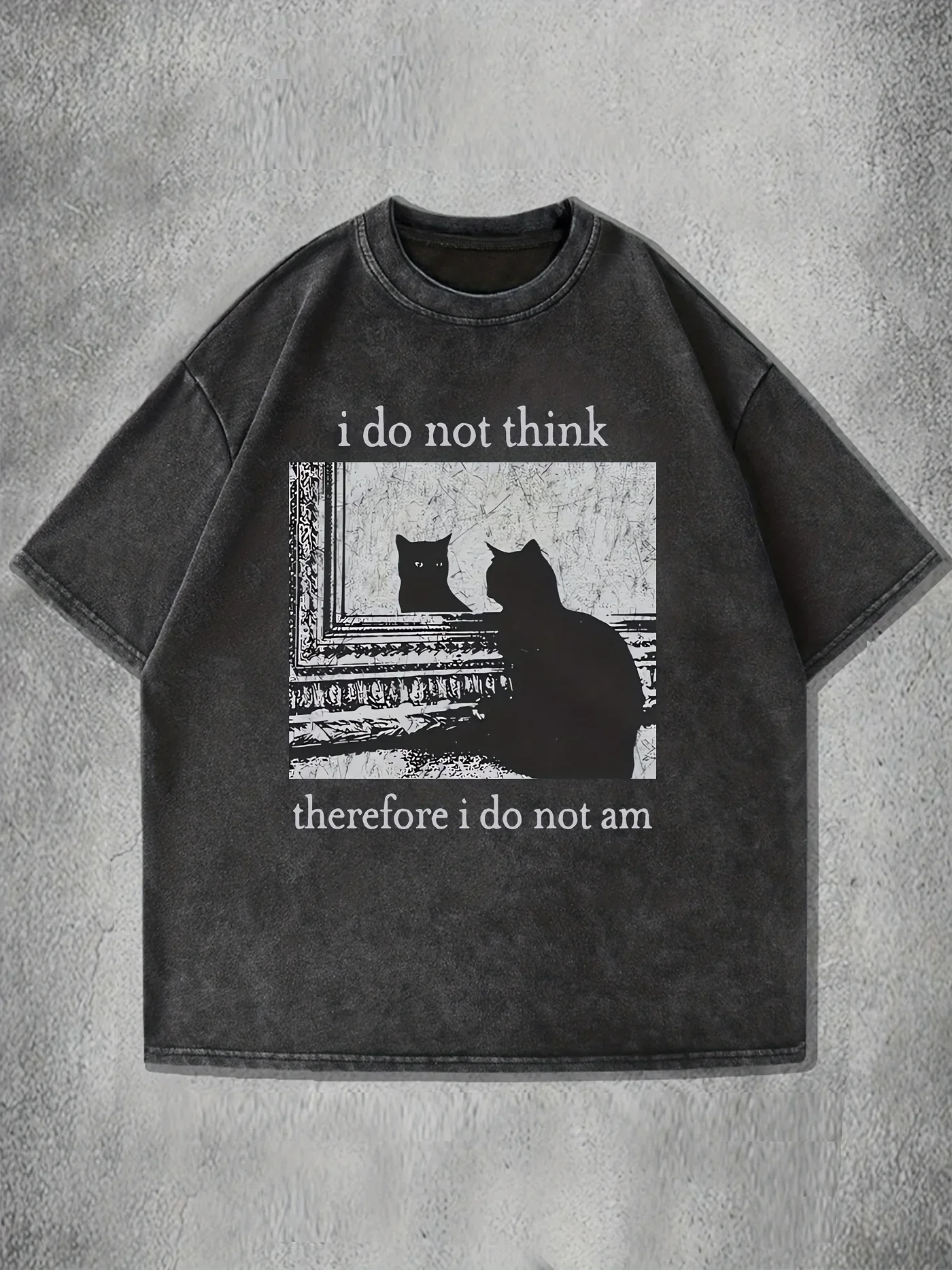 Unisex Washed Cotton Graphic T Shirt I Do Not Think Therefore I Am Cat Print Loose Casual Short Sleeve Summer Streetwear Tee