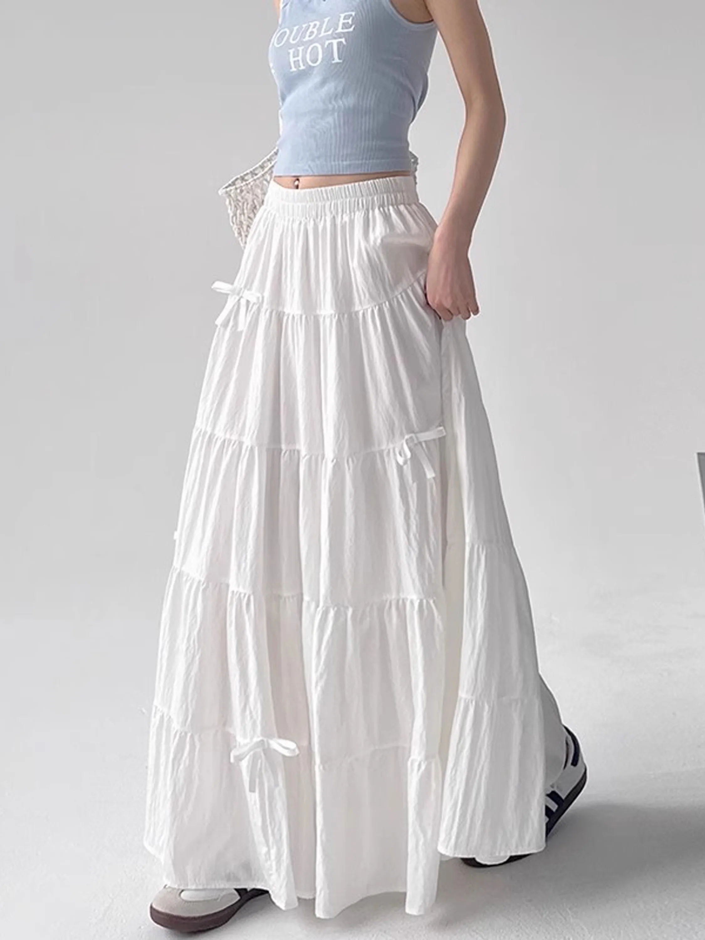 Falda blanca con lazo f para mujer, falda holgada drapeada de cintura alta, corte en A, falda de pastel por debajo de la rodilla, estilo coreano, para ir al trabajo diario, fibra de poliéster