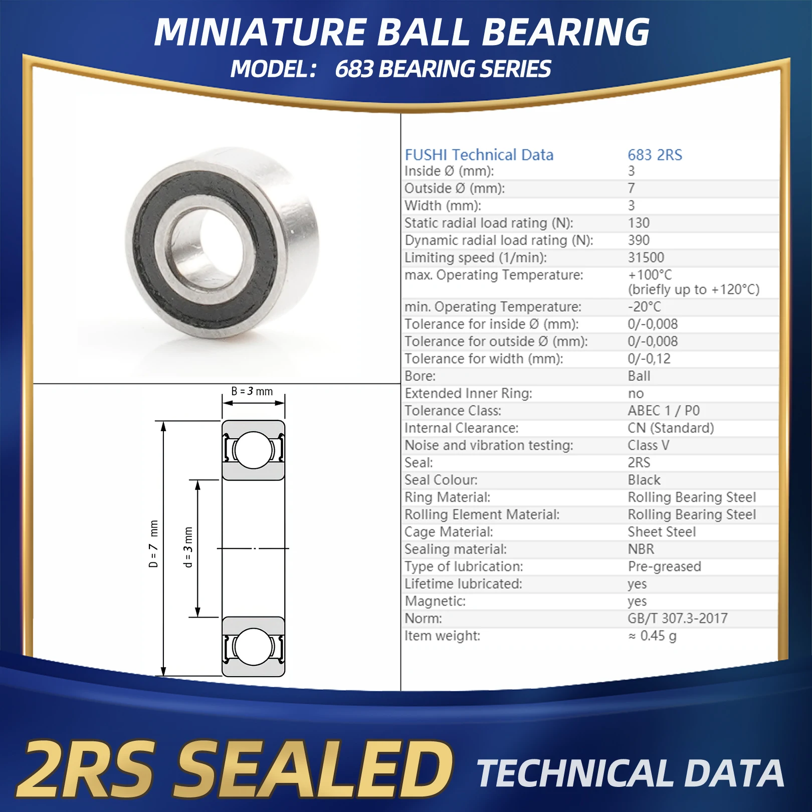 FUSHI 683 ZZ ベアリング 3x7x3 ミリメートル 10 個 683ZZ RS 2RS フランジハンドピースベアリング強力な産業用モーター高速