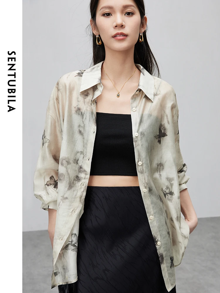 

SENTUBILA Comfort Casual Loose Long Sleeve Printed Shirt Woman 2024 Summer Polo Collar Button Up Blouses Womens Tops 142C55259