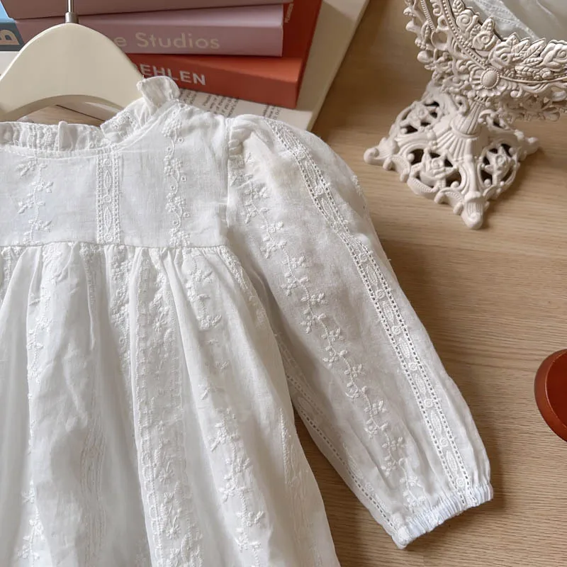 MILANCEL Spring Autumn Girls Clothing 2-7 Y Korean Style Embroidered Floral Princess Dress Children\'s Ruffled Collar Solid Dress