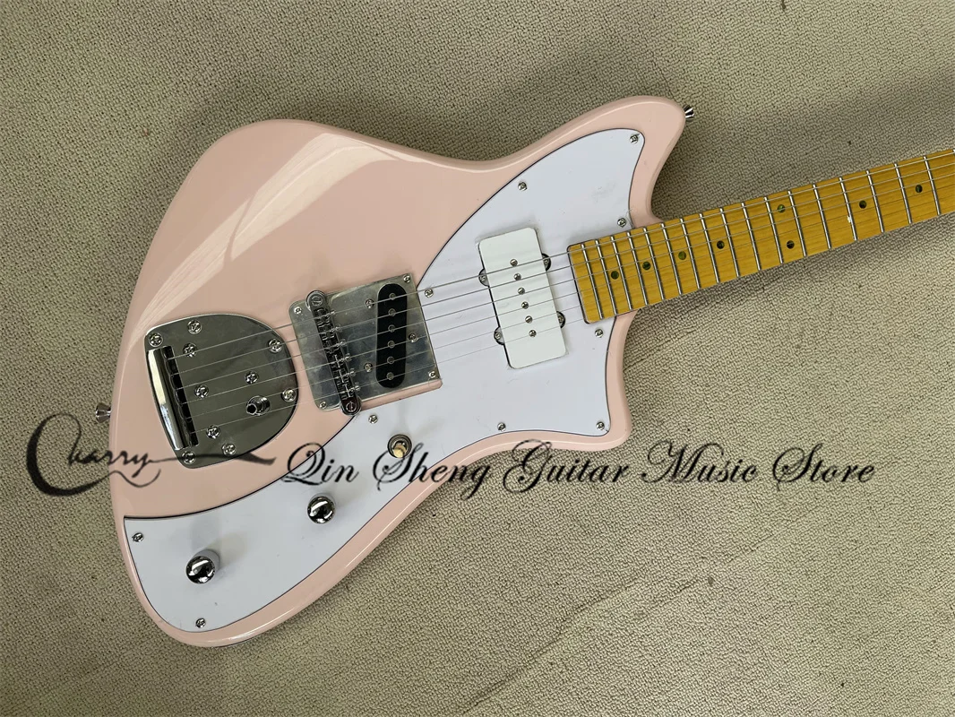 Pink Electric Guitar MET Body Yellow Neck White Guard P90 Pickup Fixed Bridge Chrome Hardware Factory Customization