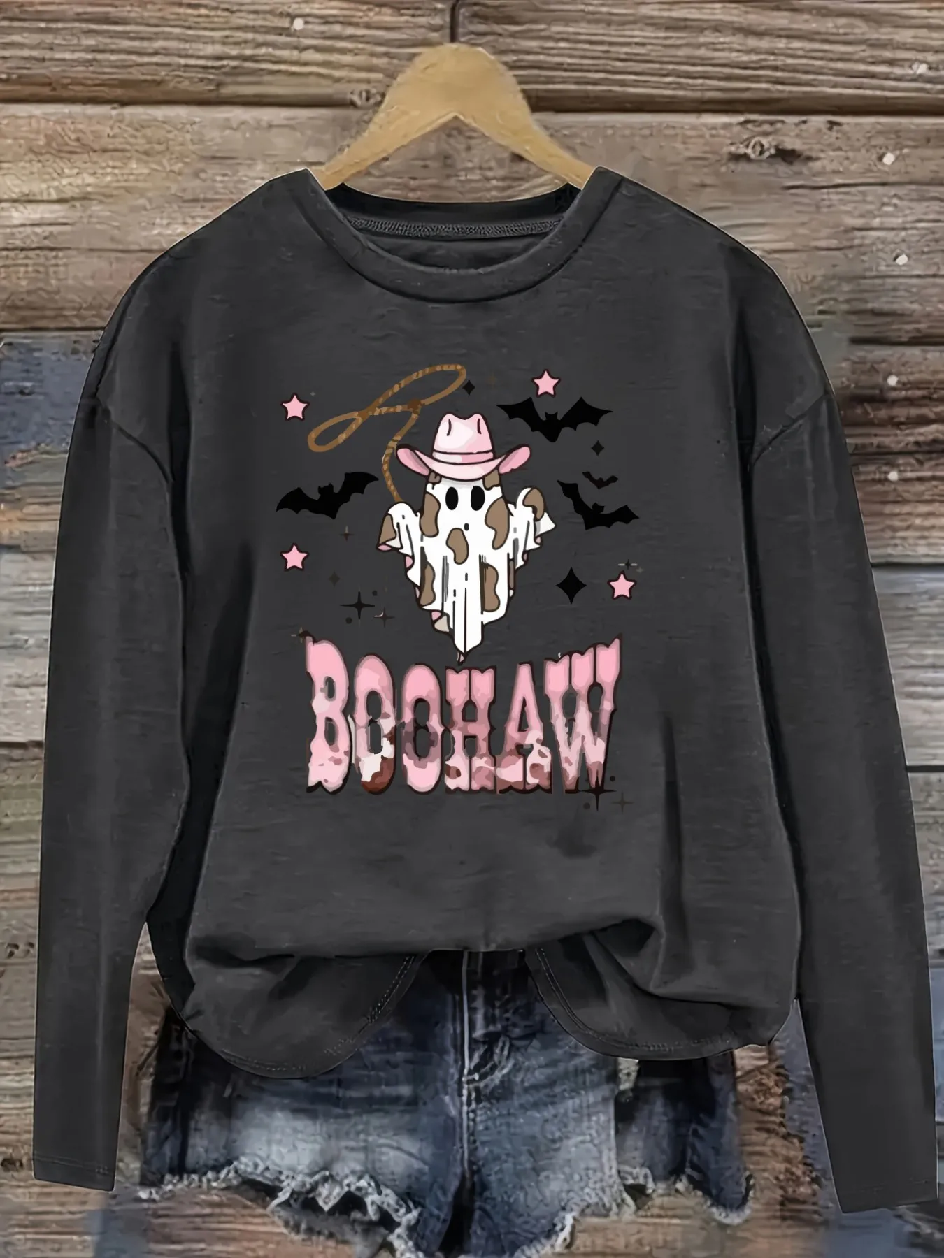Women's Casual Long Sleeve Crew Neck T-Shirt Cowboy Ghost Boo Haw Print Design, Round Neck Women's Clothing, Machine Washable, Slightly Elastic, Loose Fit, Spring Autumn Winter Women's T-Shirt, Halloween Costume Outfit view 2