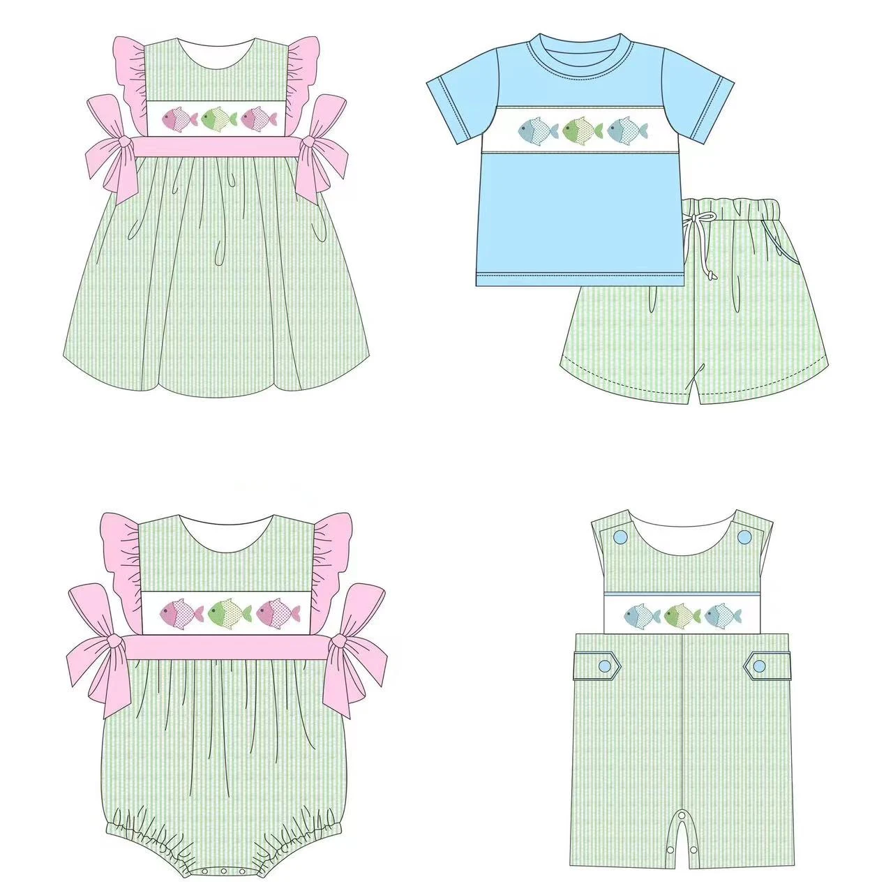 Summer new style siblings clothing fish pattern short-sleeved suit pearl sleeve dress baby jumpsuit fashion children‘s clothing