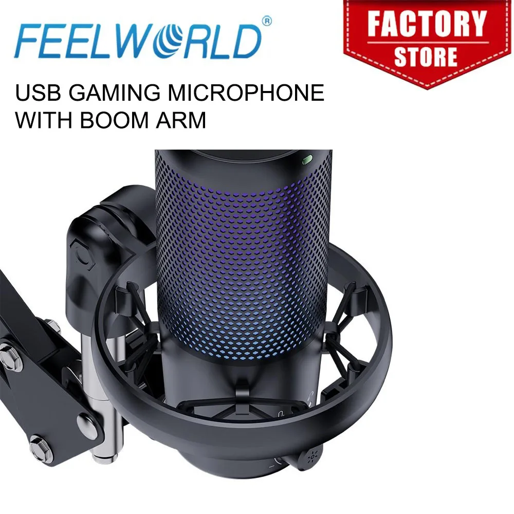FEELWORLD VM1-AS USB Condenser Gaming Microphone for Streaming Noise Cancellation Mute RGB Light Boom Arm Stand