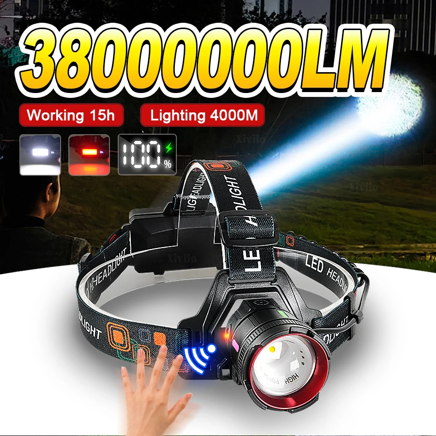 

IR Sensor Rechargeable Headlamp 38000000LM Ultra Bright LED Headlight with COB Lights Telescopic Zoom 4000M Camping Fishing Lamp