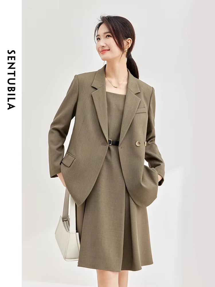 SENTUBILA Womens Dress Sets 2024 Autumn Elegant Office Business Professional Blazer Pleated A-Line Dresses 2 Piece Set 133Z51716