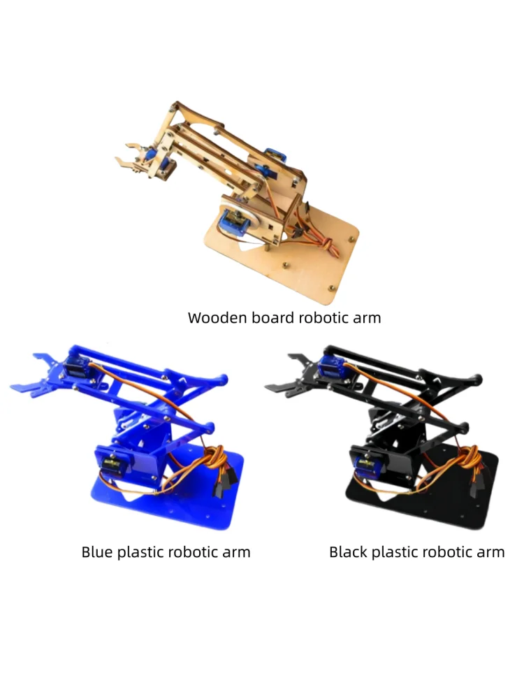 Holzplatte/Blauer Kunststoff/Schwarzer Kunststoff-Roboterarm. Optionen sind mit oder ohne SG90 (90-180) erhältlich. ° Servomotor. – Detail 2