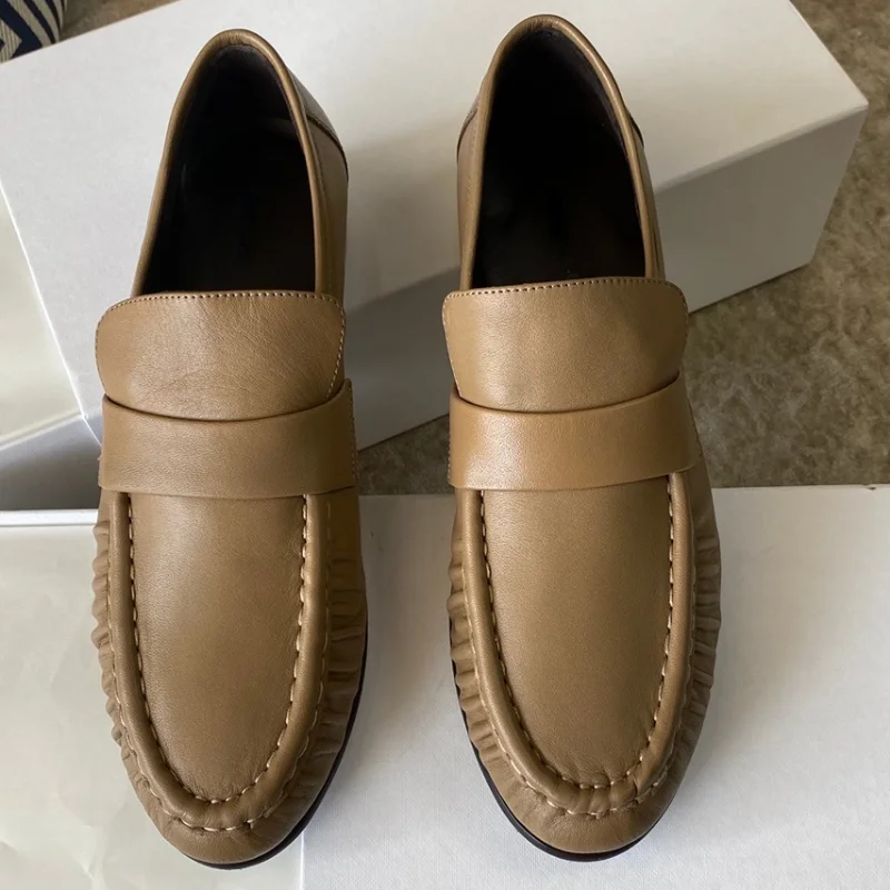 Imported Calfskin Super Invincible Soft Pleated Loafers Real Leather Women Shoes