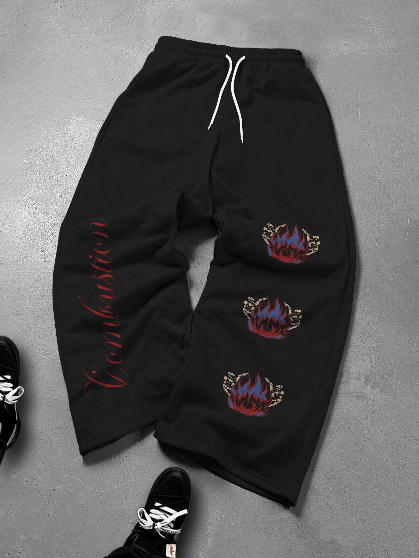 Men's Wide Leg Sweatpants Combustion Cursive Letter Three Flame Floral Print Drawstring Streetwear Trousers