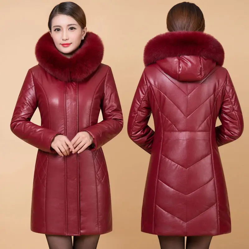 2026 Middle aged Women's Leather Jacket Winter New Thicken Warm Slim Big Fur Collar Mid-length Leather Coat Female Outerwear 6XL
