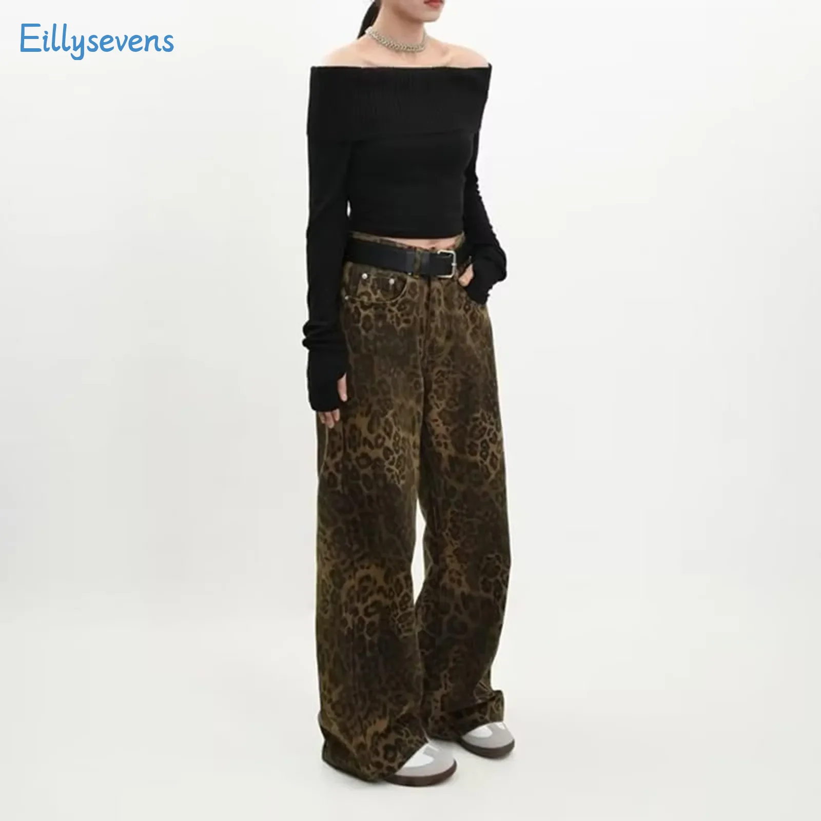 

Leopard Denim Pants Fashion Trend Baggy Straight High Waist Trousers Daily Commute Date All-Match Comfortable Oversized Jeans