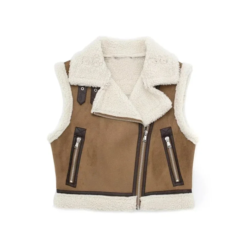 

Double-sided Outerwear Vest Coat Women Fashion Sleeveless Waistcoat Tops Zipper Artificial Leather Fur Lady Streetwear