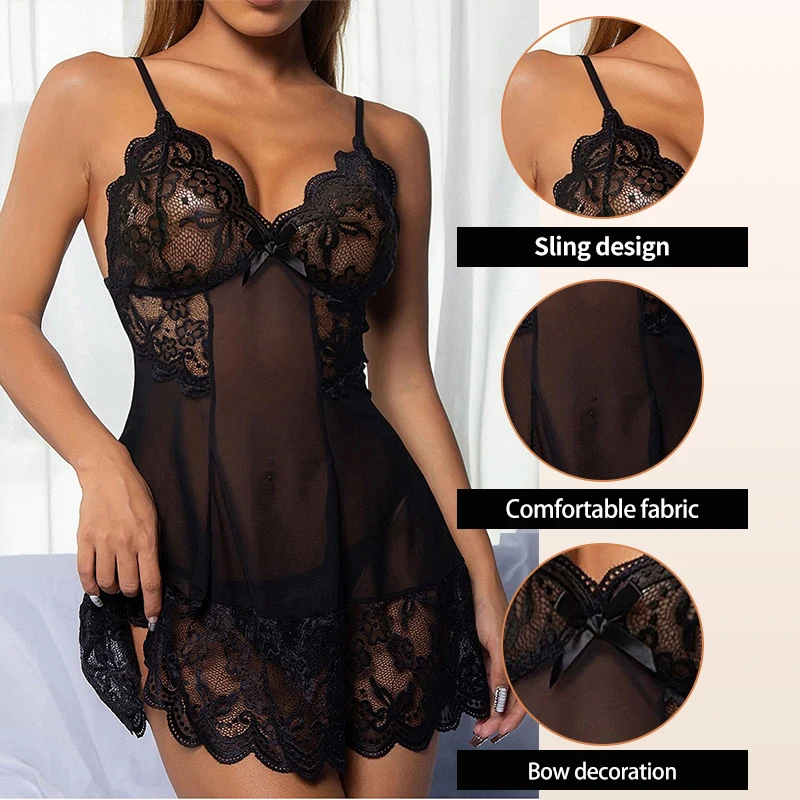 Women\'s Plus Size Lace Tight Fitting Clothes Sexy Transparent Pajamas Flower Lace Sheer Dress Sexy Mesh Fabric Dress Pajamas