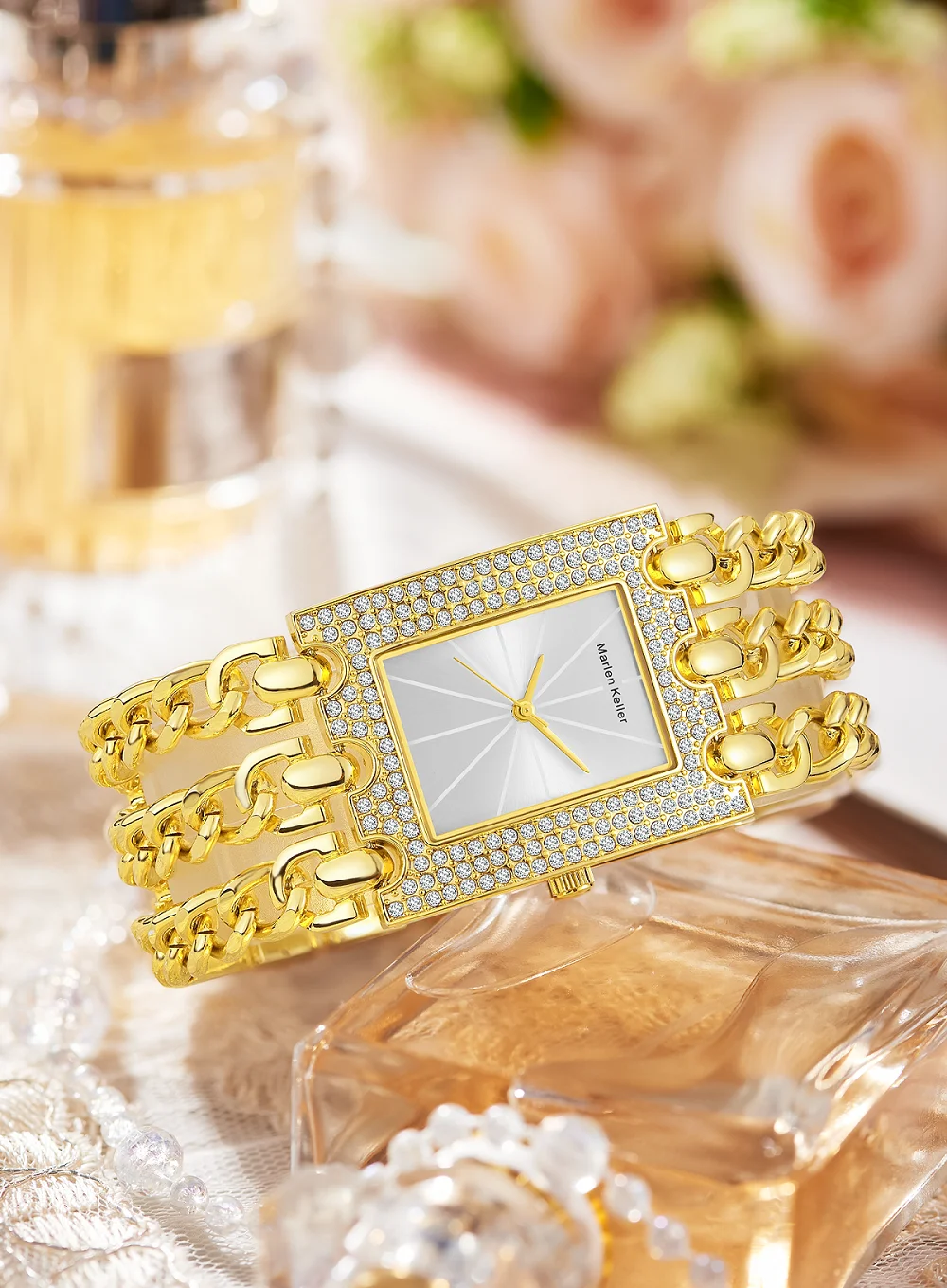 Marlen Keller-Luxo dourado relógio de quartzo com strass, retângulo forma Dial, Alça, moda relógio de pulso para senhoras