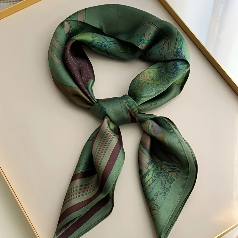 2025 New Green Print Square Scarf Simulated Silk Thin Satin Neck Scarf Elegant Ladies Professional Decorative Small Scarf