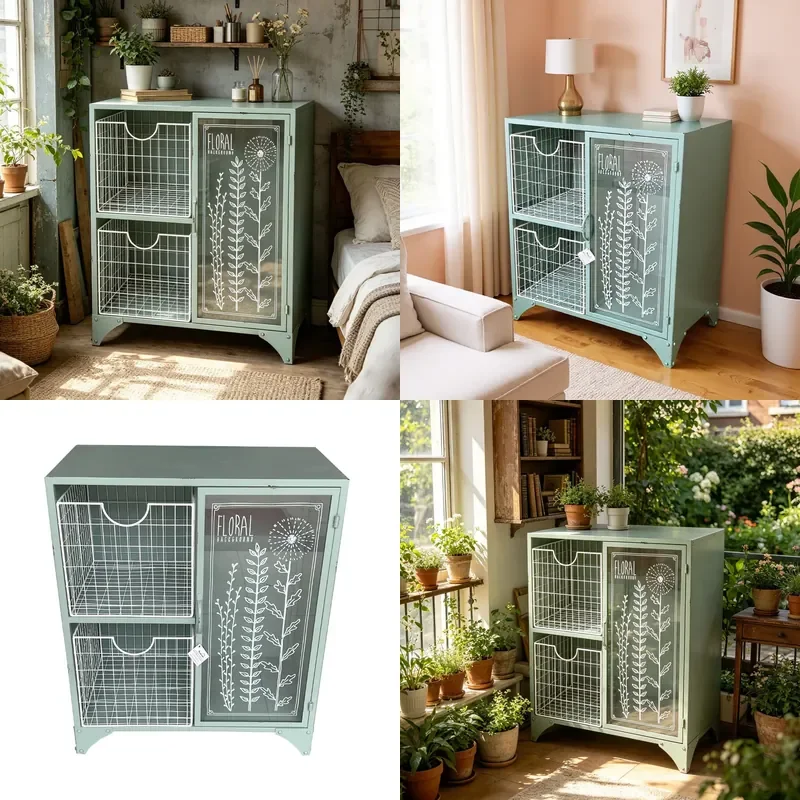 Wrought Iron Storage Cabinet with Floral Glass Door Double Layer Grid Organizer Locker for Home Office Sorting