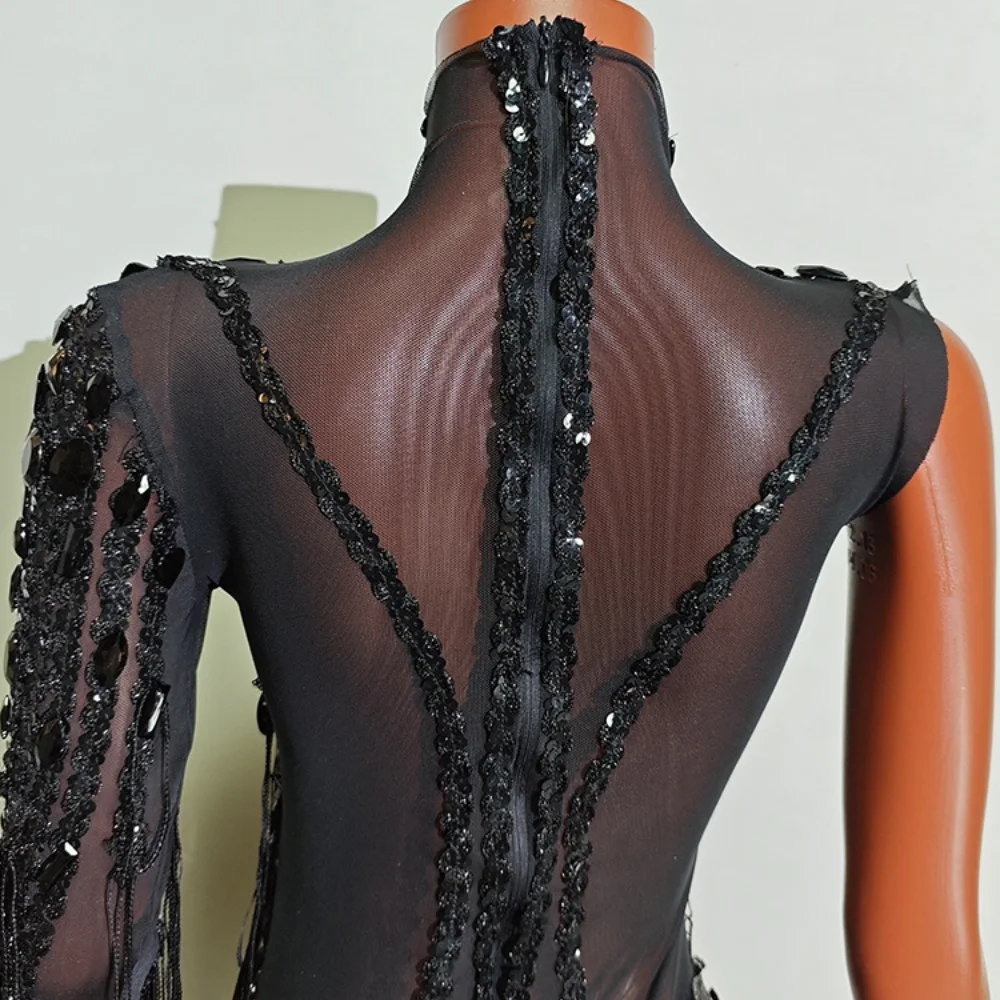 Vestido transparente sexi con borlas y diamantes de imitación brillantes para mujer, trajes de baile latino con un hombro, Bar, fiesta en club nocturno, disfraz nuevo