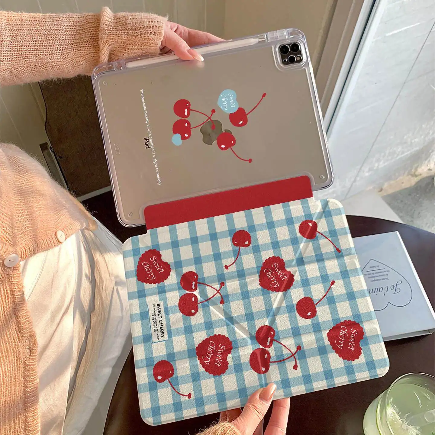 Korean Ins Red Cherry Y-Shaped Triple Fold For iPad 2025 Protective Cover For iPad Pro 2022 12.9in Air7 10th 11th M3 M4 M5 Case