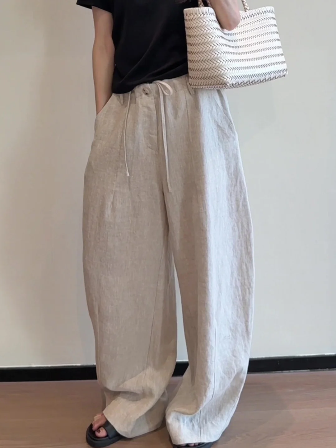High-End Women's Summer Wide Leg Pants Linen Draped Thin High Waist Korean Style Commute Wind High Waist Slimming Effect