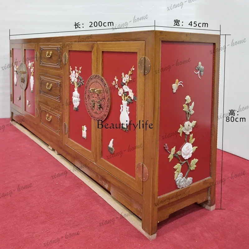 LD New Chinese-style elm inlaid jade four-door three-pump large cabinet floor-to-ceiling TV cabinet
