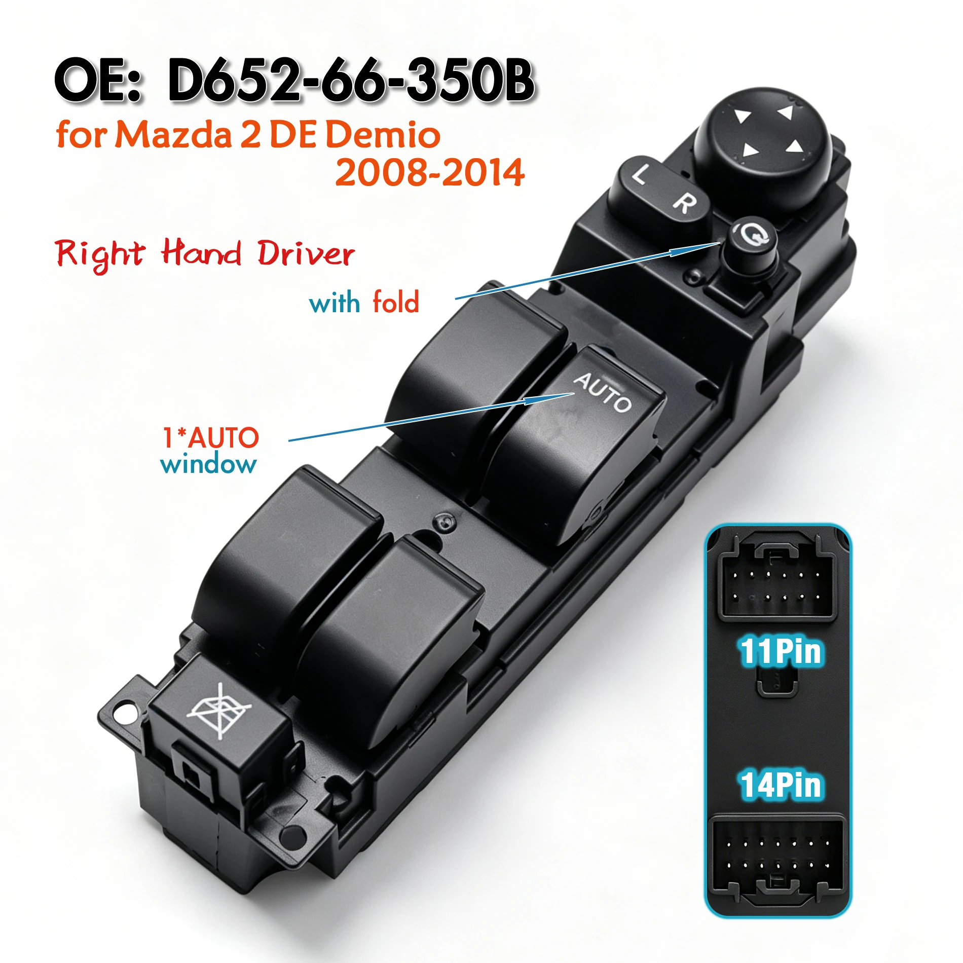 D652-66-350B For Mazda 2 DE Demio 6 2008-2014,Front Right Driver Side Electric Master Power Window Switch Lifter Control Button