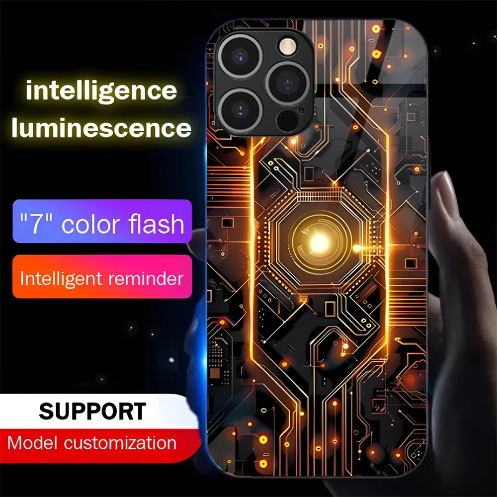 

Machinery Wheel LED Light Up Glass Phone Case Back Cover For iPhone 16 E 15 14 13 12 11 Pro Max XR XS Plus