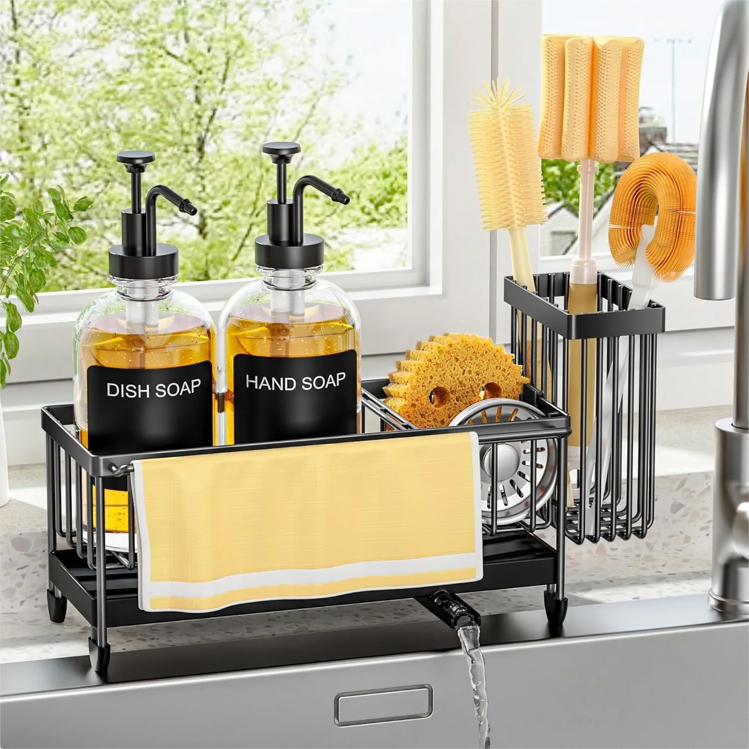 

Набор дозаторов для кухонного мыла с держателем для губки, вешалкой для полотенец и противоскользящей подставкой — эффективно организуйте пространство у раковины.