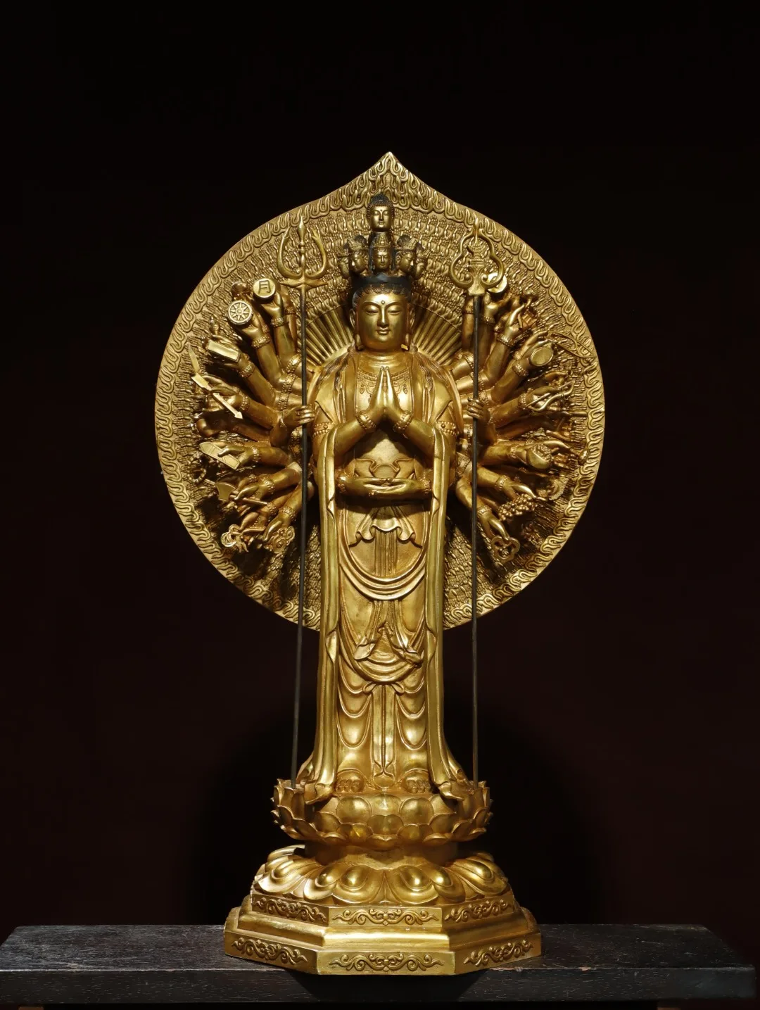 

27"Tibetan Temple Collection Old Bronze Gilded Cinnabar 1000 arm Guanyin Backlight Standing Buddha Lotus Terrace Worship Hall