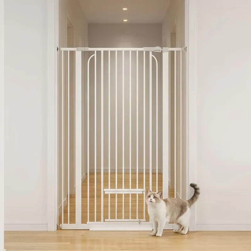 Extra Tall Baby Gate Retractable Stairs Doorway Safety Barrier Tension Mounted Pet Fence with Cat Door Bulk Supplier