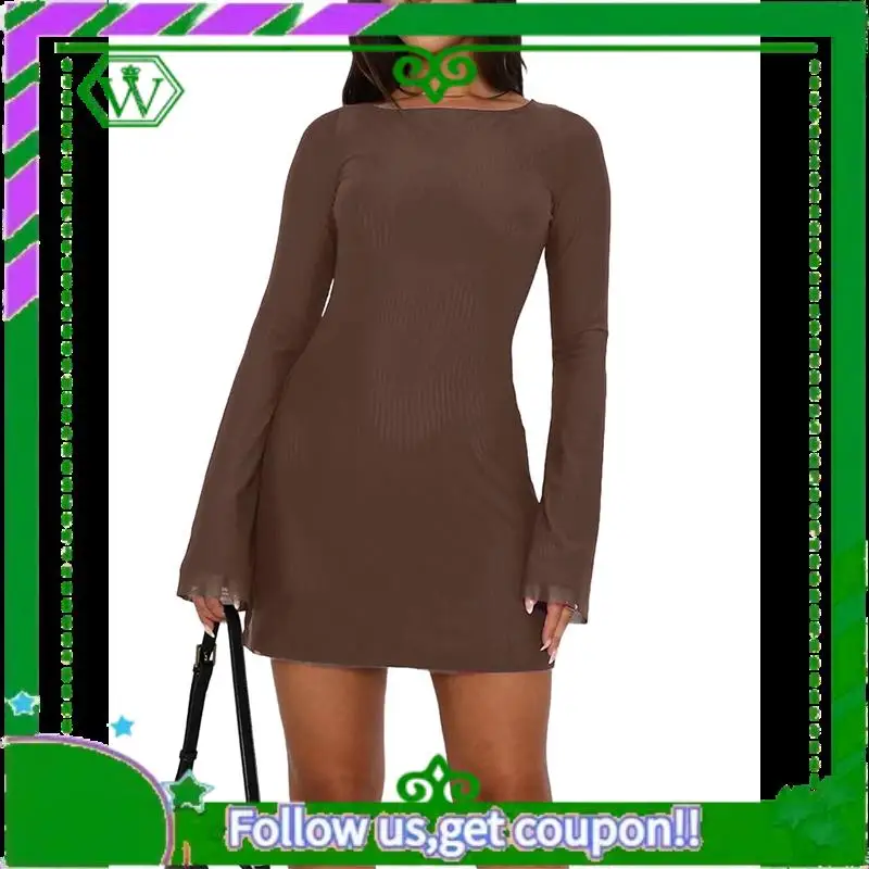 A18P-ผู้หญิงแขนยาวมินิเดรสคอเรือตาข่ายBell Sleeve TieกลับSheer Backless Bodycon Y2kสั้น