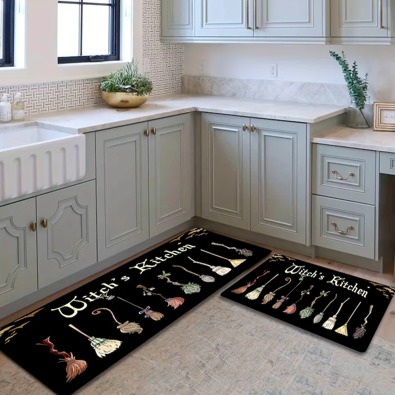 VIKAMA Halloween Broomstick Printed Carpet, Kitchen Absorbent Anti Slip Floor Mat, Lobby Soft Floor Mat, Home Decoration