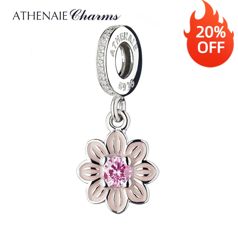 

ATHENAIE 925 Sterling Silver Romantic Pink Enamel Poetic Bloom Pendants with CZ Birthstone Dangle Charm Beads Fit Bracelets