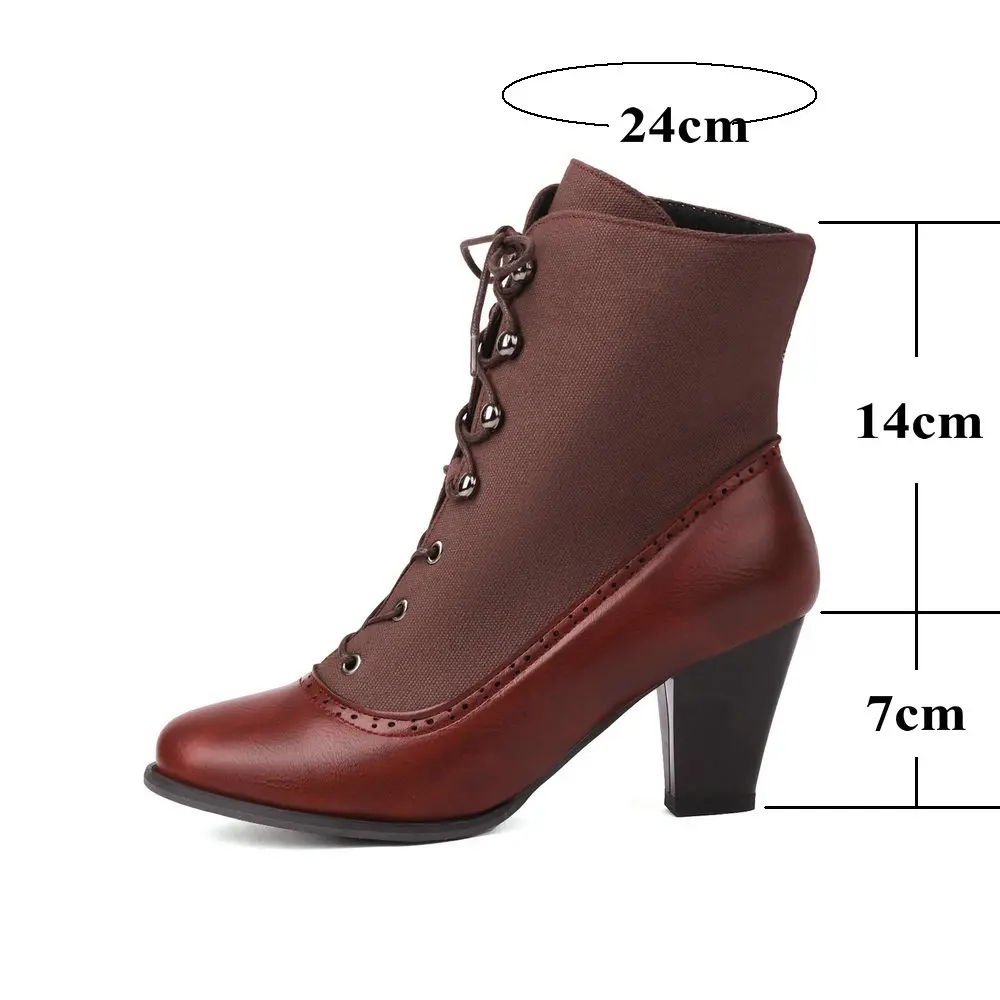 Women\'s Victorian Boots Chunky Heeled Short Ankle Booties Retro Patchwork PU Color Lace Up Witch Riding Knight Combat Shoes