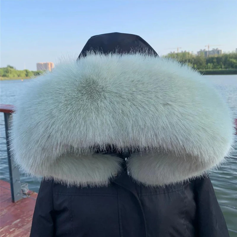 Winter Faux Fur Collar Furry Fluffy Fox Fur Scarf Neck Warmer Women Shawls And Wraps Scarves Detachable Hood Fur Trim Coat Parka