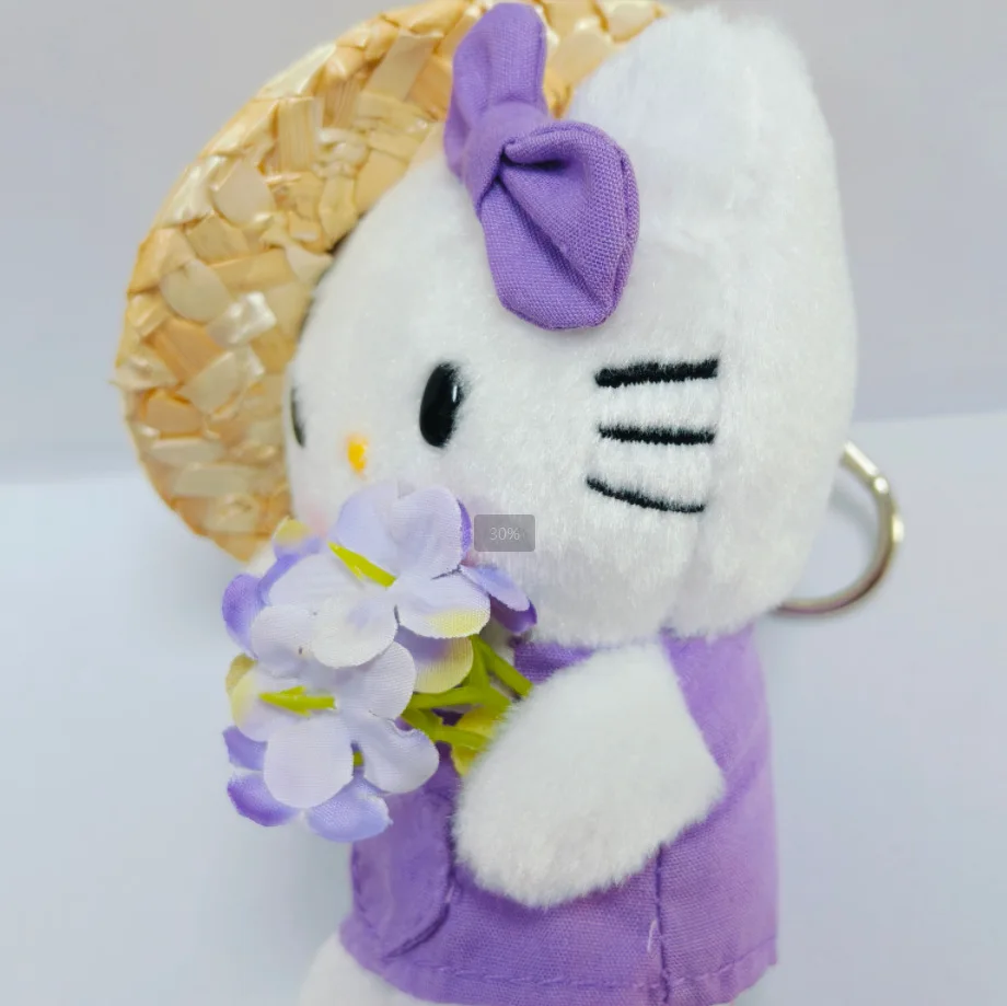 Hello Kitty Plush Doll Keychain Wearing A Straw Hat Kitty Stuffed Toys Pendant Keyring Children Bags Plushie Keychain