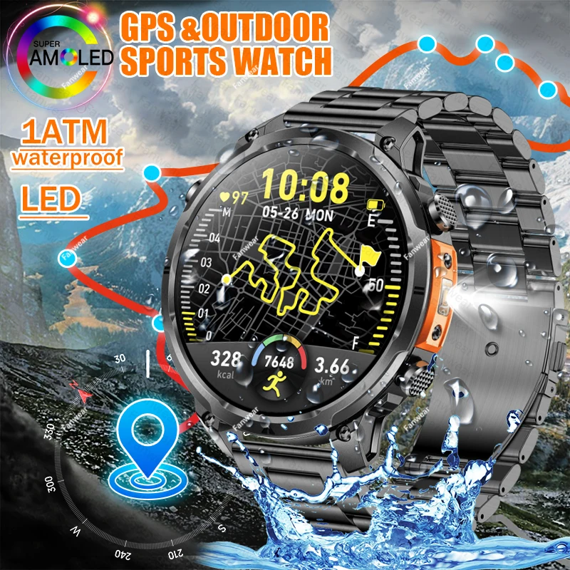 

2025 новые военные прочные умные часы с GPS, светодиодный фонарик, встроенный GPS-компас, барометрический высотомер, 10 АТМ, водонепроницаемые спортивные часы
