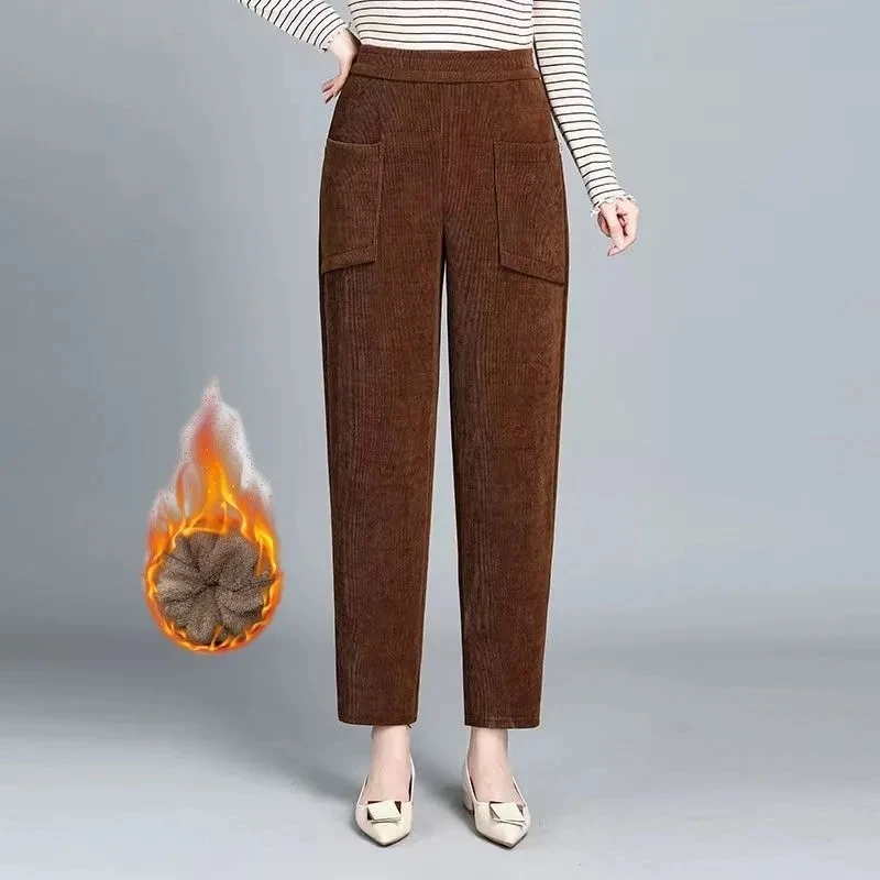 Spodnie sztruksowe z podszewką, proste nogawki, wysoki stan, styl koreański, do pracy, modne, zimowe, codzienne spodnie dla mamy.