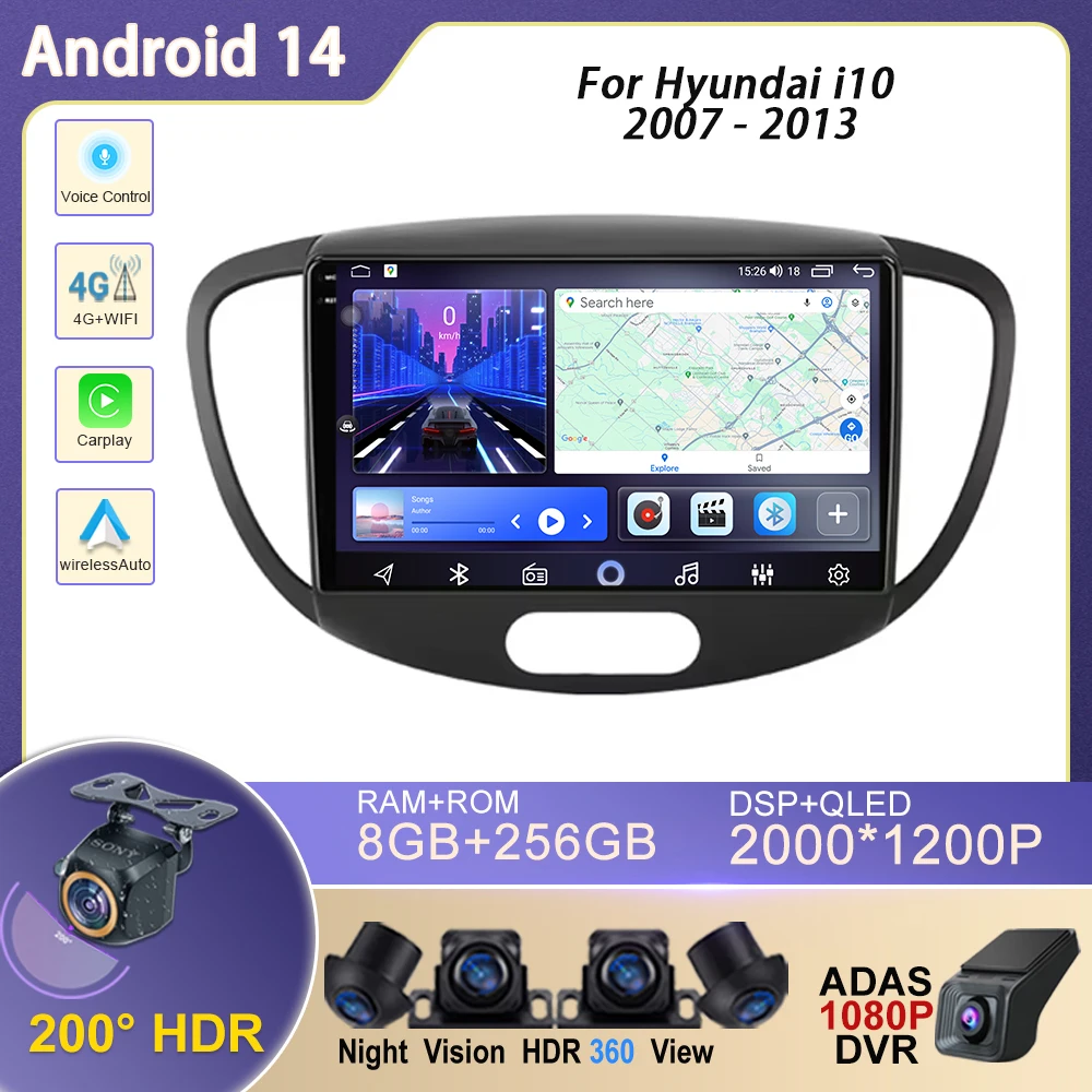 

Android 14 Carplay Car Radio Multimedia Multimedia Video Player Navigation GPS QLED Screen Head Unit For Hyundai i10 2007 - 2013