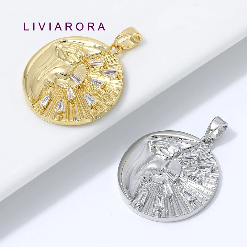 1/2/3Pcs 18K Gold Plated Brass Moon Face Sun Pendant For Jewelry Making,Baguette CZ Round Medallion Charms For Necklace Making