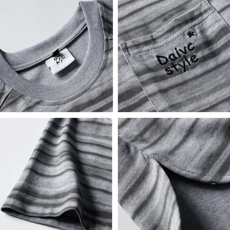 Retro Striped Pocket Embroidered Short-sleeved T-shirt Men and Women Loose-fitting Half-sleeved Fashion Brand Pure Cotton Tee
