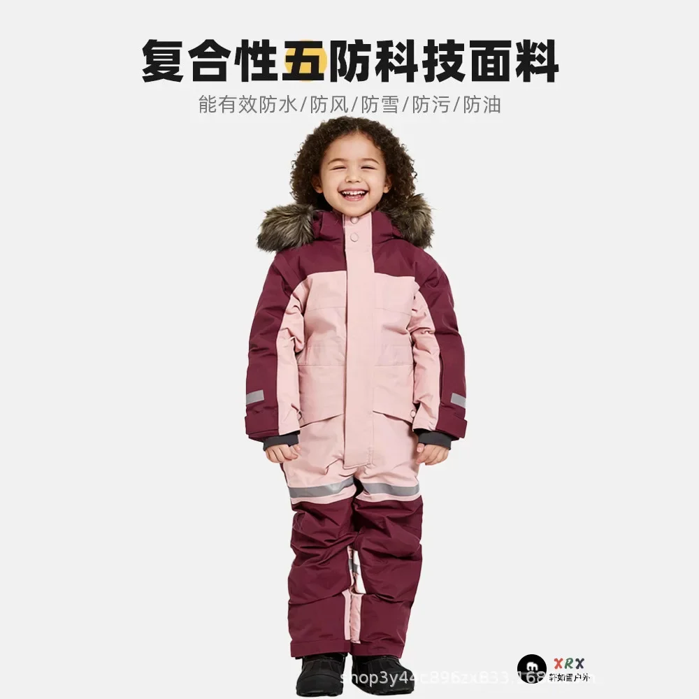 Padded Outdoor One-piece Ski Suit Waterproof Plush Thickened And Warm For Boys And Girls