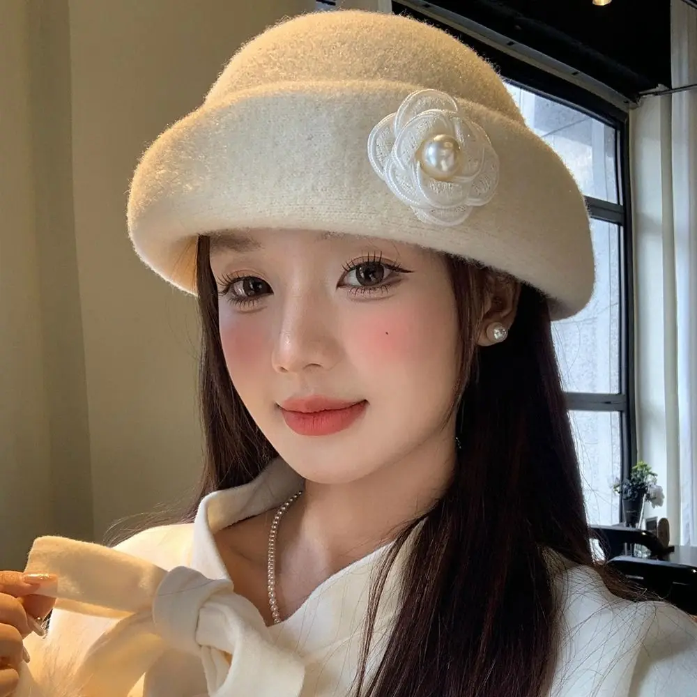 

Retro Bow Hepburn Style Topper Hat Camellia Flower French Style Women Formal hat Flat-top Pure Color Basin Hat Travel