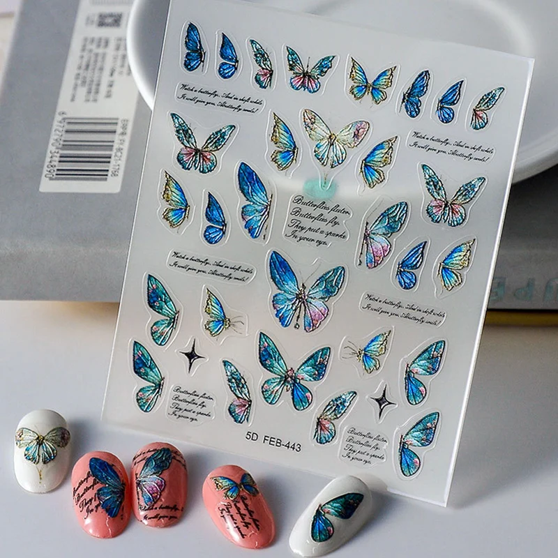 

Acrylic Engraved Nail Sticker Colorful Butterfly Letter Design Self-Adhesive Nail Transfer Sliders Wraps Manicures Foils Z0686