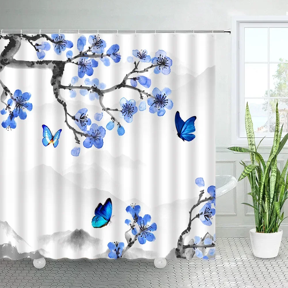 Impermeáveis cortinas de chuveiro florais, aquarela plantas e flores, folhas amarelas e azuis, design criativo, decoração simples do banheiro