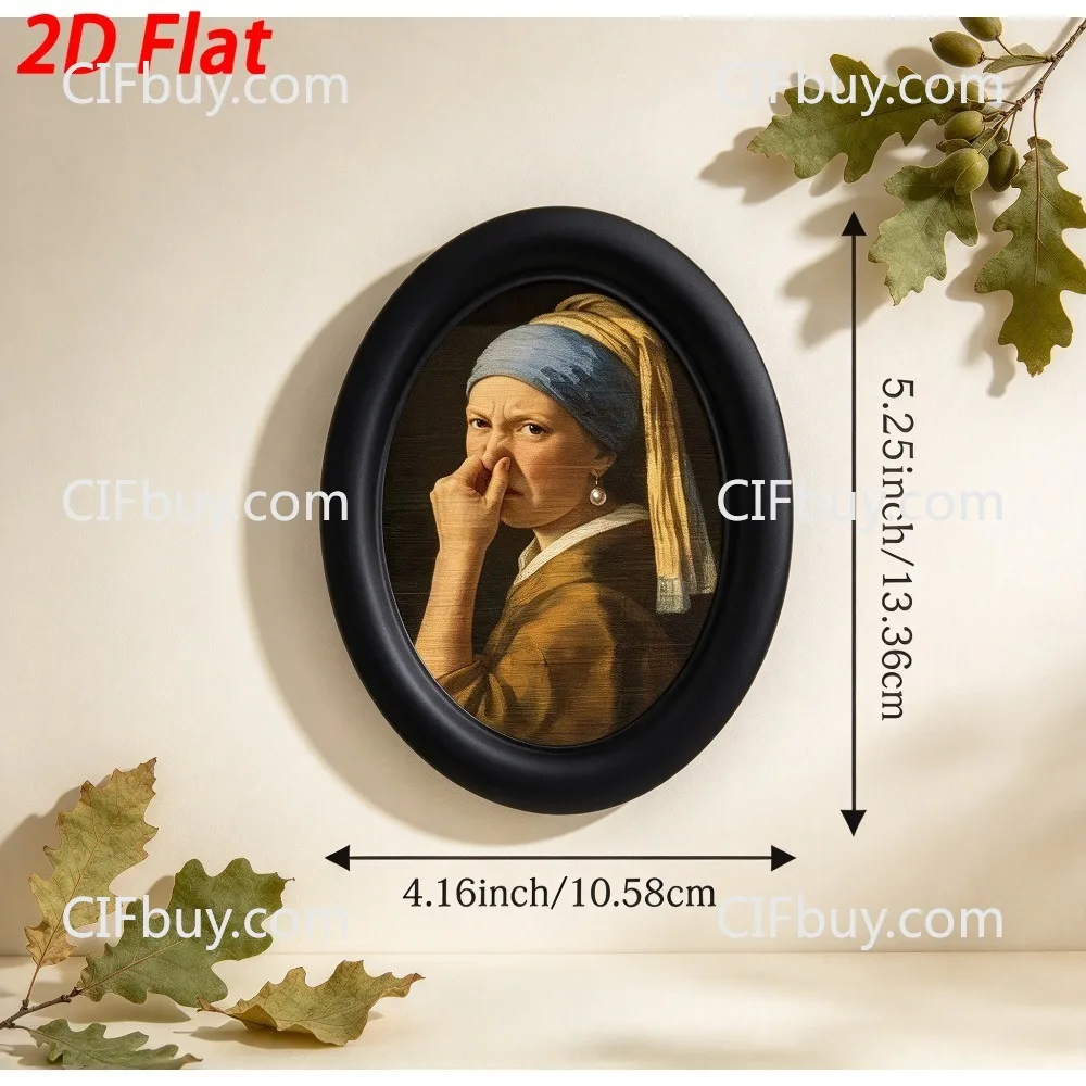 CIFBUY Iron Metal Wall Art Funny Girl With Pearl Earring Ornament Metal Oval Black Frame Decor for Home Bedroom Wall Decor
