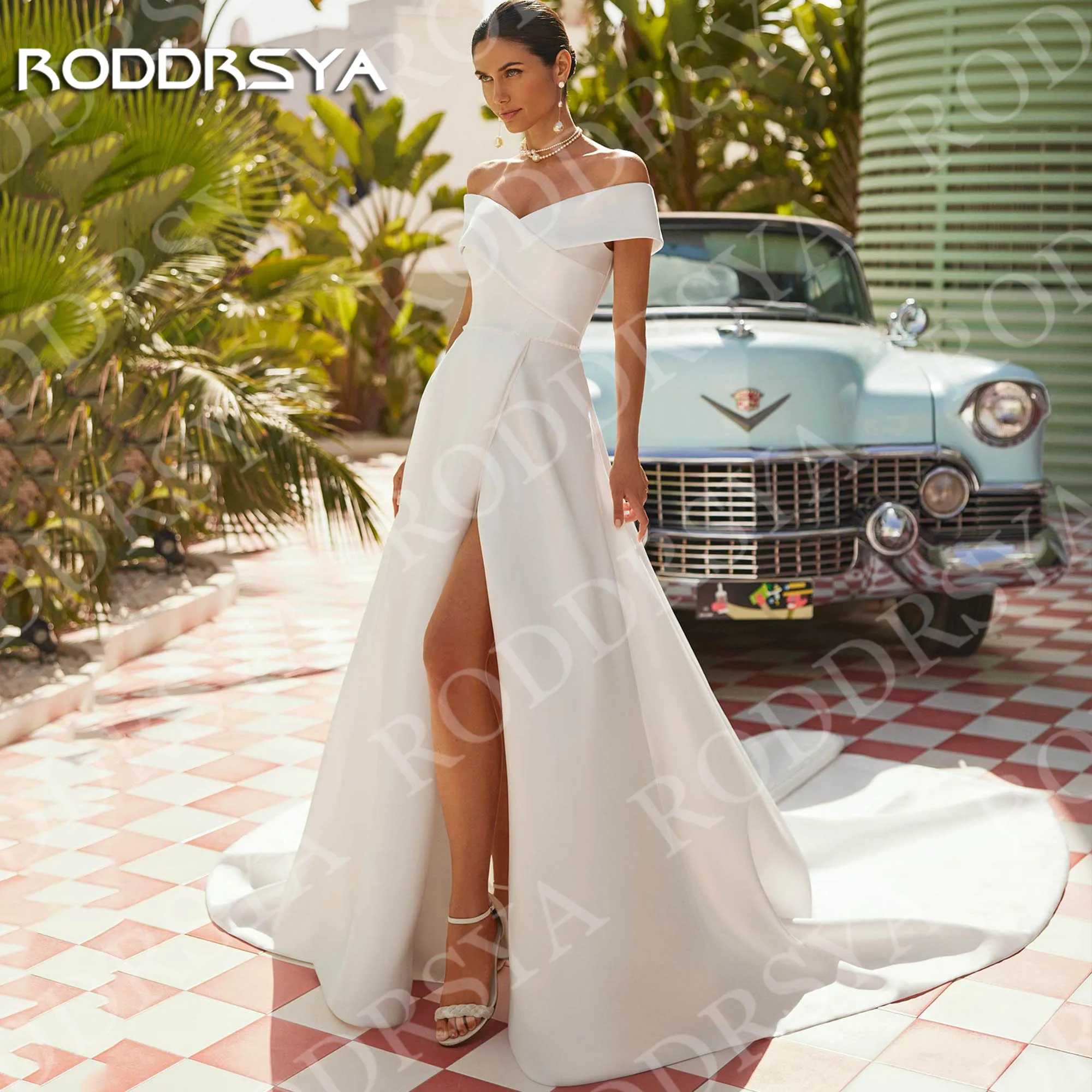 

RODDRSYA Simple Wedding Dresses Satin Bridal Gowns Off the Shoulder Woman 2026 Elegant High Slit A Line Bride Dress Customized