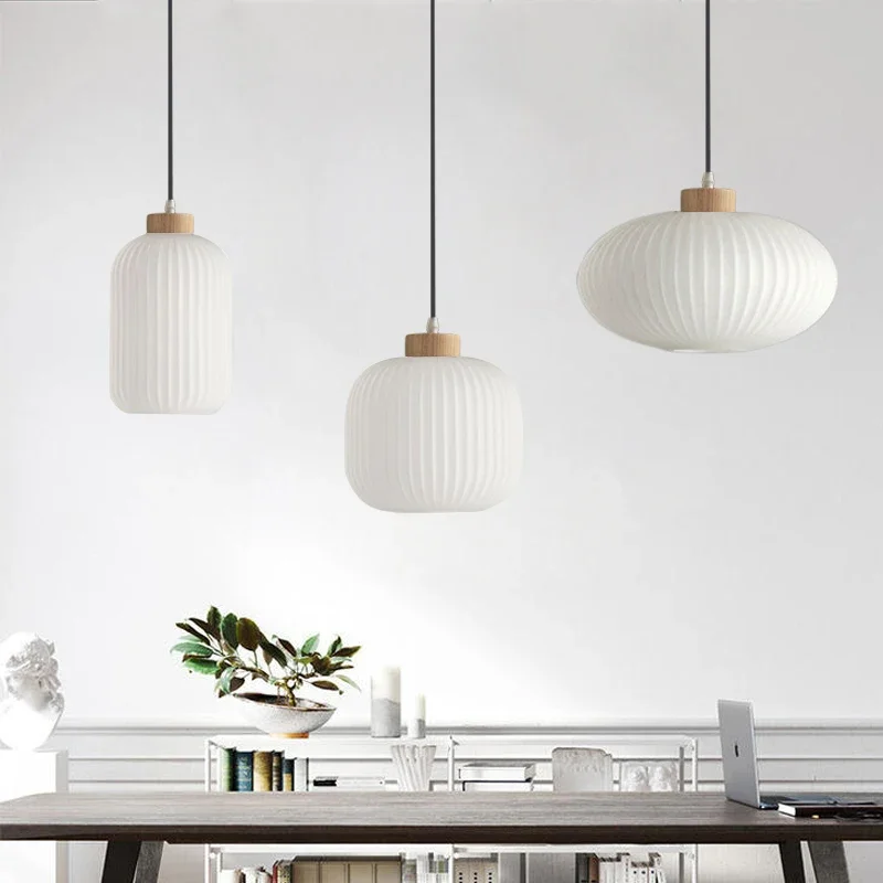 Japanese Wabi-sabi Style White Glass Pendant Lights Home Decor Kitchen Bedroom Dinning Room Pendant Lights Wooded Hanging Lamp